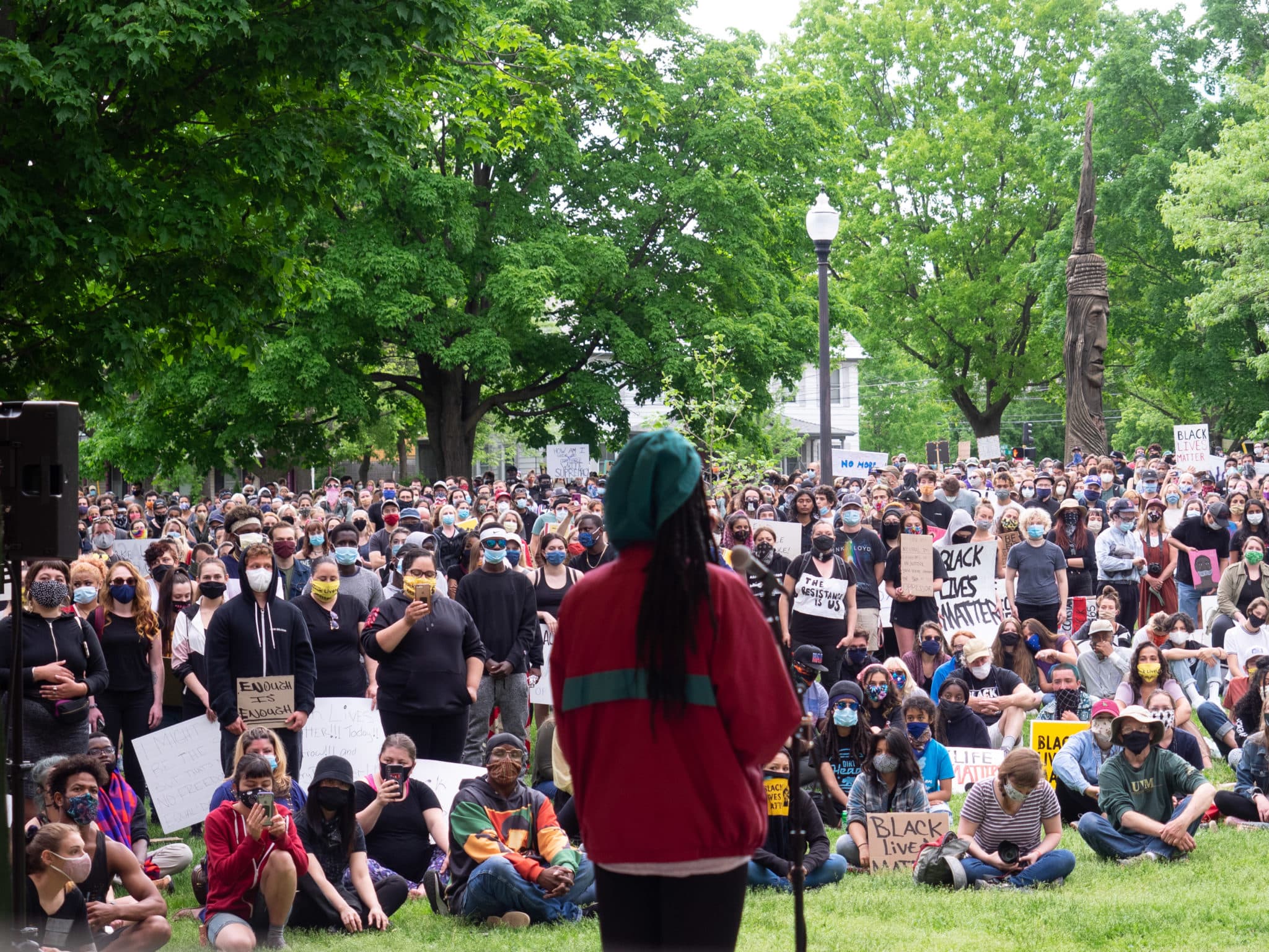 A speaker addresses a large Black Lives Matter gathering in Burlington, Vermont
